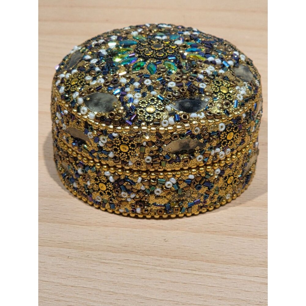 World Market Beaded Trinket Box Round Jewelry Decor Flower Inlay 3" Gold Vanity